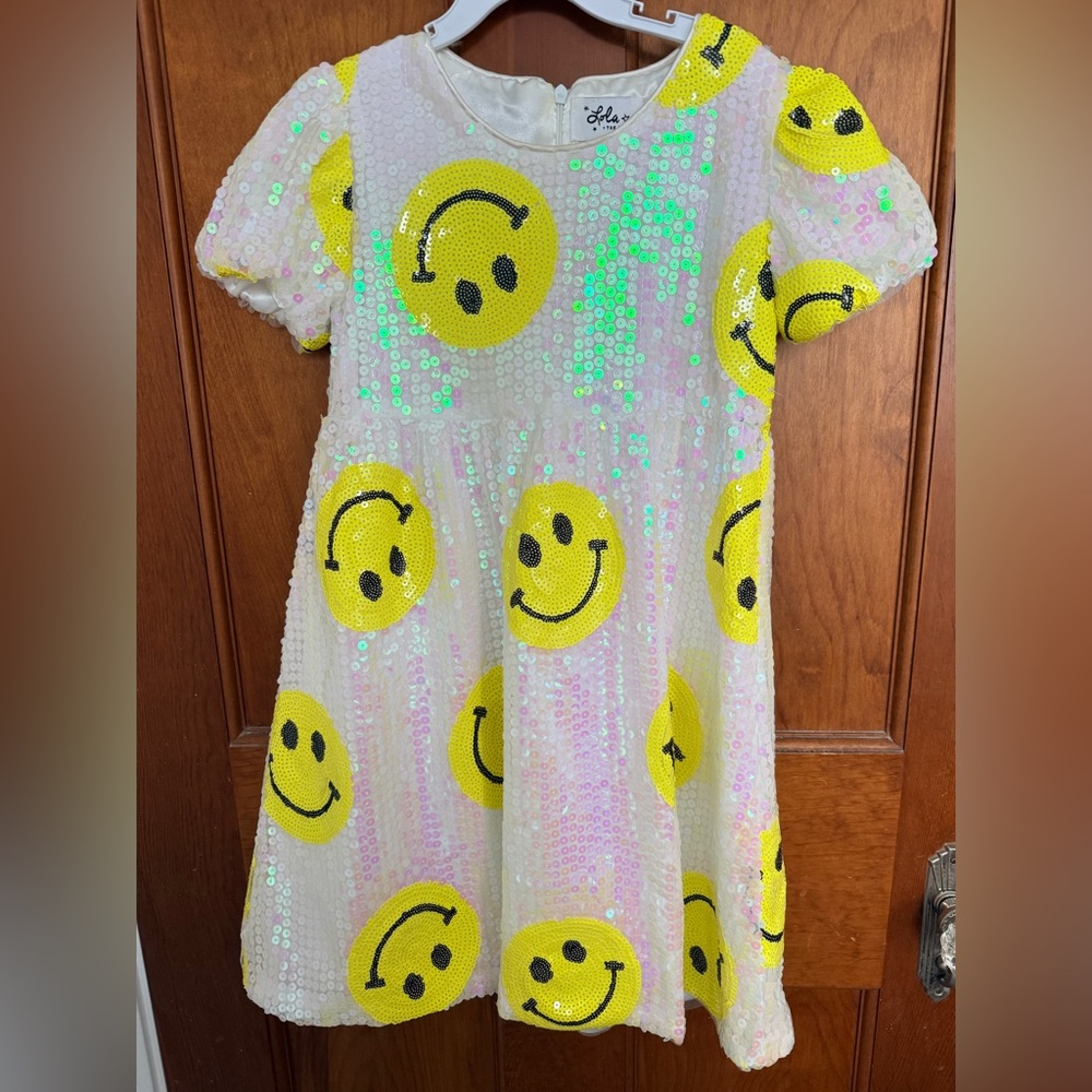 White Sequin Dress with Yellow Smiley Faces